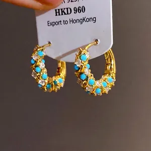 Elegant French retro turquoise and gold hoop earrings with sparkling crystal accents