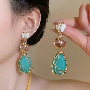 Pendientes de plata S925 estilo palacio retro con concha y colgantes de gota verdes