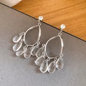 Elegant French style silver needle teardrop earrings with clear resin tassel charms