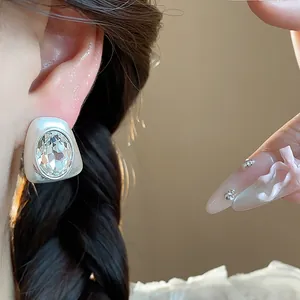 Silver needle geometric irregular stud earrings with sparkling rhinestones and high-end design