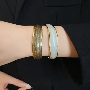 Vintage 18K Gold Plated Copper Open Bangle Bracelet For Women Geometric Wave Stripe Enamel Marble Texture Retro Jewelry