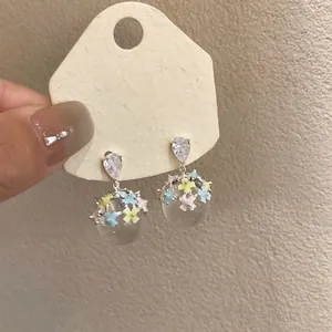 Fashion Alloy Dripping Oil Resin Flower Pendant Stud Earrings For Women Rhinestone Inlaid Geometric Round Ear Jewelry With Silver Earring Post