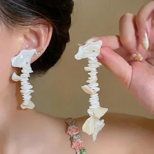 Elegant French style long shell tassel earrings for vacation and daily wear