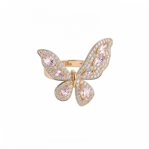 Elegante anello a farfalla in oro rosa con pietre rosa e micropave di zirconi