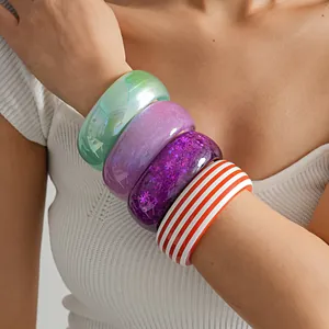 European Dopamine Resin Color-Blocking Striped Round Geometric Bangle Personalized Small Crowd Fashion Thick Bracelet Hand Jewelry For Women