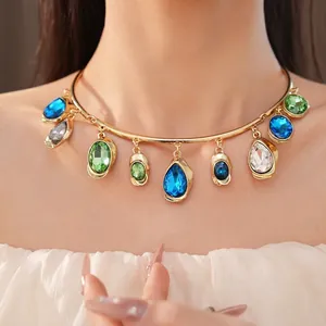 High-end gold-tone collar necklace with blue and green crystal teardrop pendants
