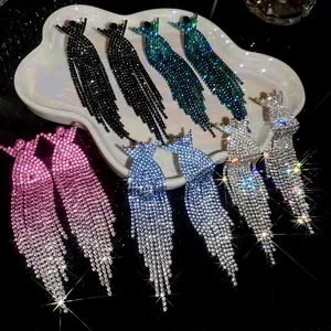 Elegant heavy-duty rhinestone tassel drop earrings in various colors for fashion party