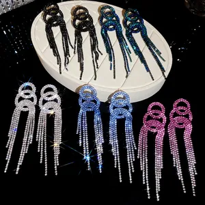 Elegant long rhinestone tassel dangle earrings in multiple vibrant colors for women