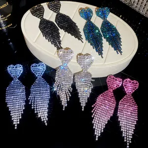 Luxury sparkling heart-shaped rhinestone tassel earrings available in multiple elegant colors