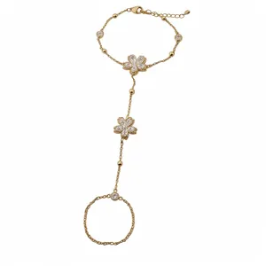 Elegant 14k gold plated zircon flower hand chain bracelet with attached ring jewelry