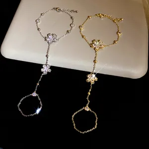 Exquisite gold and silver plated zircon flower slave bracelets with hand chain rings