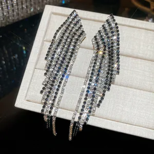 Exquisite silver needle earrings with long black and clear rhinestone tassels detail view.