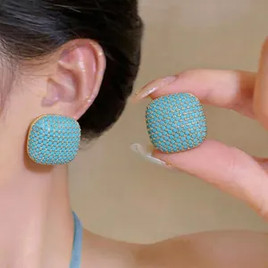 Square Geometric Stud Earrings With Zirconia Inlaid Copper Exaggerated Blue Gold Minimalist Earrings For Women Jewelry