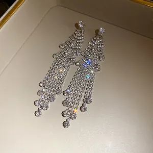 Exquisite long silver needle tassel earrings encrusted with sparkling rhinestones for women.