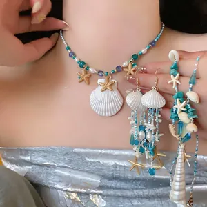Bijoux en Alliage de Luxe Perle Artificielle Coquillage Étoile de Mer Collier Boucles d'Oreilles de Perles pour Femmes Accessoire de Vacances