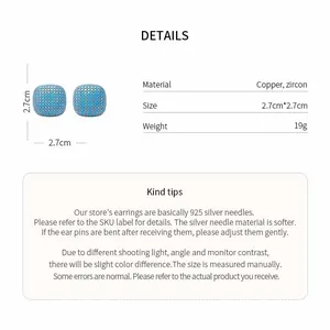 Specifications of square blue zircon stud earrings showing size, material and weight details.