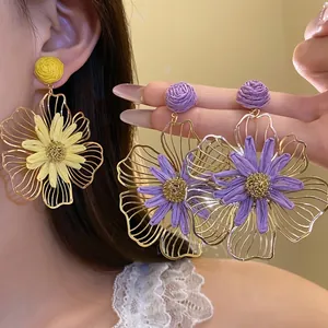 Bohemian Metal Hollow Flower Stud Earrings With Raffia Petals And Silver Earring Post For Women Vacation Jewelry