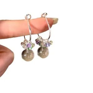 Sweet summer earrings with colorful crystals and transparent grey round bead drops