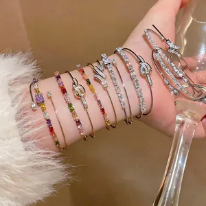 Luxury 18K Gold Plated Copper Colorful Square Zirconia Open Bangle For Women Fashion Adjustable Rainbow Bracelet Jewelry