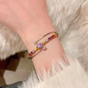 Elegant 18k gold plated open bangle with colorful square zircon stones for women