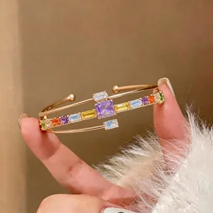 Elegant 18k gold plated open cuff bracelet with square multi-colored zircon stones