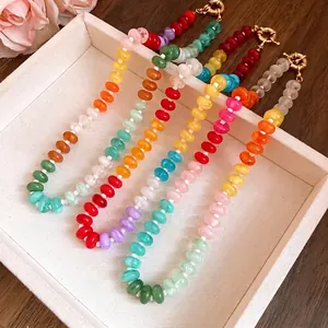 Rainbow Acrylic Beaded Clavicle Necklace Colorful Irregular Beads Dopamine Style Copper Clasp Sweet Fresh Jewelry For Women Party Daily Wear