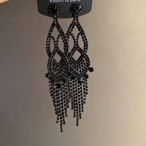 Luxury black rhinestone hollow-out tassel dangle earrings with 925 silver needles for women
