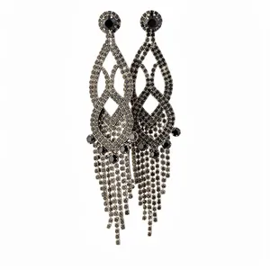 Elegant exaggerated black rhinestone hollow tassel drop earrings with silver needle studs