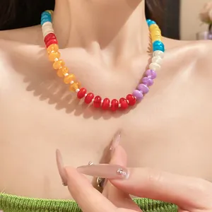 Colorful rainbow acrylic beaded necklace, dopamine style clavicle chain for women