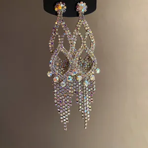 Detailed shot of sparkling iridescent rhinestone hollow tassel dangle earrings for women