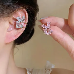 Orecchino a Fascia a Doppio Strato in Rame e Zirconia Stile Coreano Senza Foratura Forma di Cuore Gioielli di Moda di Lusso