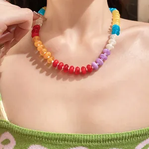 Close-up view of a vibrant rainbow acrylic beaded choker necklace worn by a model