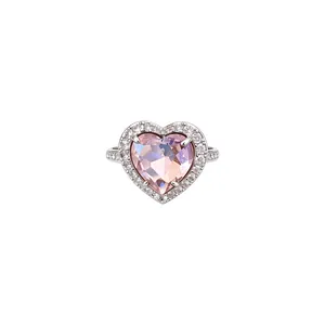 Vintage silver adjustable ring with micro-pave zircons and pink heart crystal