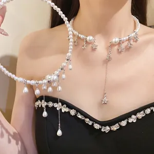 French Vintage Palace Style Artificial Pearl Beaded Choker Necklace For Women With Star Water Drop Pendant Tassel Light Luxury Jewelry