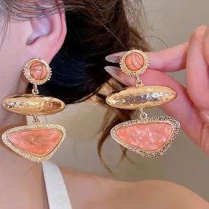 Vintage Luxurious Geometric Triangle Orange Resin Drop Earrings With Silver Post Gold Plated Alloy Marble Pattern Jewelry Women