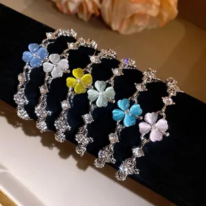 Sweet Cat's Eye Four Leaf Clover Bracelet For Women Light Luxury Adjustable Alloy Rhinestone Flower Hand Jewelry Gift