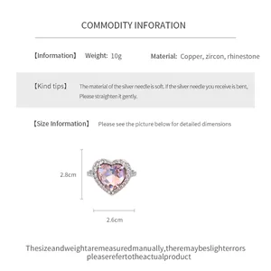 Detailed view of the heart-shaped zircon ring with product measurements and material specs.