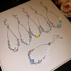 Elegant cat's eye stone and zircon clover adjustable bracelets in six vibrant colors