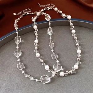 Luxury Artificial Pearl Glass Crystal Beaded Geometric Adjustable Necklace For Women Fashion Choker Jewelry Accessories Gift