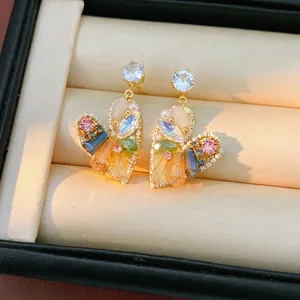Mode Herz Ohrstecker Mit 925 Sterlingsilber Ohrstecker-Stift Glas Bunte Zirkonia Künstliche Perle Eingelegt Schmuck Für Damen
