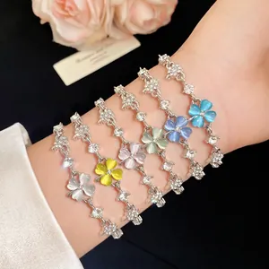Elegant cat eye stone clover bracelets with sparkling zircons in six vibrant colors