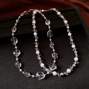 Elegant pearl and geometric crystal beaded necklace with adjustable silver chain