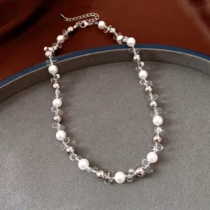 Elegant minimalist pearl and crystal beaded adjustable choker necklace for women high-end style