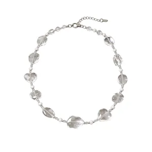 Minimalist clear crystal beaded necklace with adjustable silver extension chain