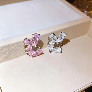 Dettaglio dei fermagli per orecchie in zircone rosa e bianco su un portagioie beige