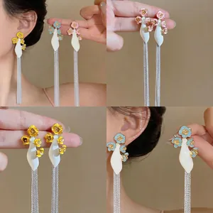 Long Tassel Drip Oil Floral Stud Earrings With 925 Sterling Silver Earring Post Alloy Flower Vacation Style Jewelry For Women