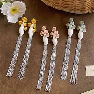 Elegant silver needle long tassel earrings with colorful drip oil flowers for summer
