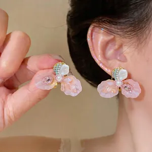 French Resin Flower Stud Earrings Women 925 Sterling Silver Post Artificial Pearl Rhinestone Elegant Forest Style Jewelry