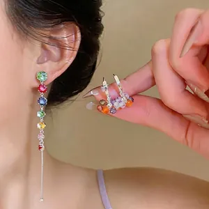 Luxury Copper Colorful Zirconia Round Tassel Dangle Earrings With 925 Sterling Silver Earring Post For Women Dopamine Style Jewelry