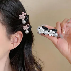 Elegant small flower hair claw clips with pearls and rhinestones for side fringe hair
